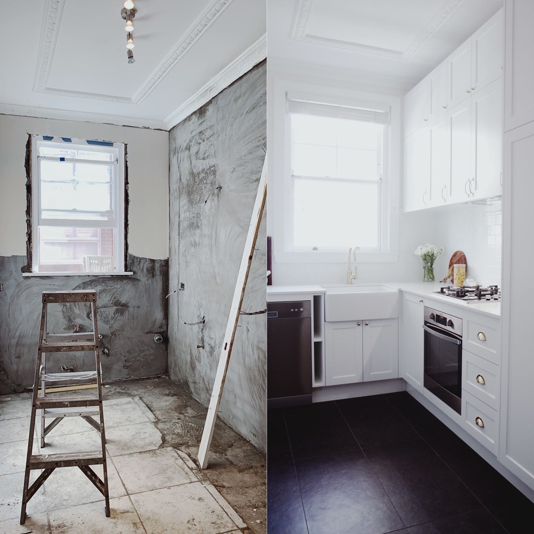 Apartment kitchen stripped to bare render, and the same room finished